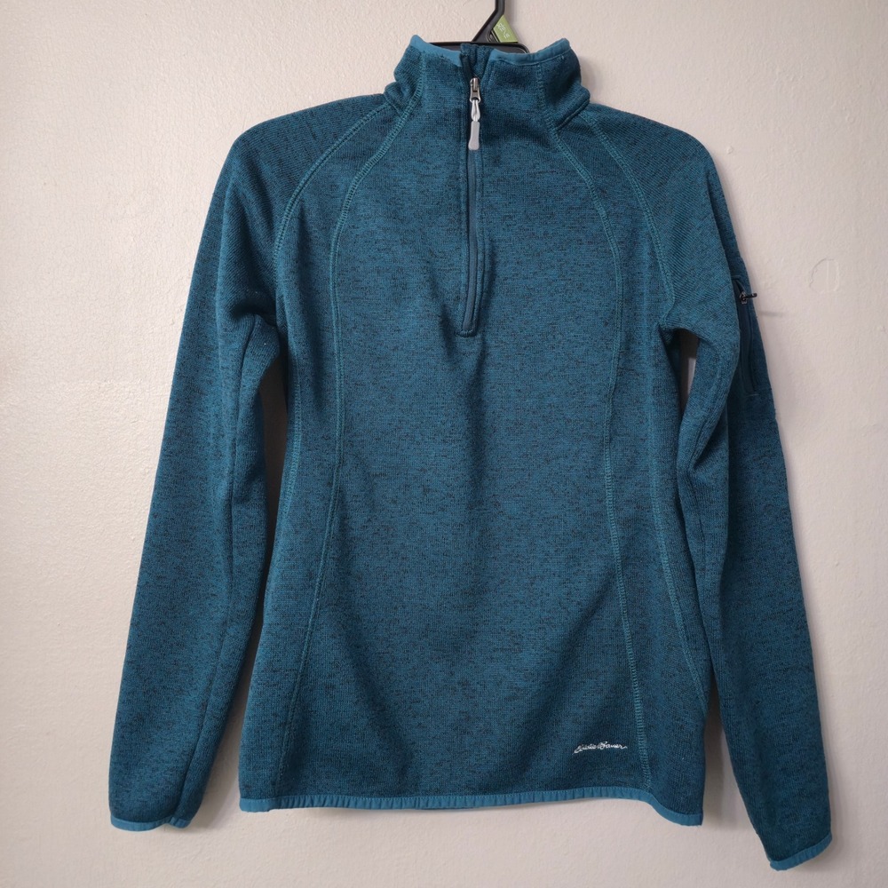 Eddie Bauer Womens Small Teal Blue Marl Quarter Zip Fleece Pullover Sweater